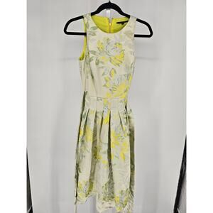 Alex Marie Womens Sz 2 Midi Length Dress Neon Floral Pleated Belted Sleeveless